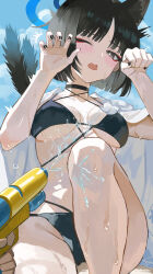 1girl 1other absurdres animal_ear_fluff animal_ears bikini black_bikini black_choker black_eyes black_hair black_nails blue_archive blush breasts cat_ears cat_girl cat_tail choker claw_pose fang haori highres holding holding_water_gun japanese_clothes kikyou_(blue_archive) kikyou_(swimsuit)_(blue_archive) looking_at_viewer maria_(maria_rose) multiple_tails official_alternate_costume one_eye_closed open_mouth parted_bangs paw_pose pov short_hair skin_fang swimsuit tail two_tails water_gun wet white_haori