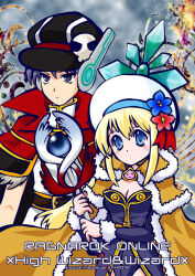 1boy 1girl 2012 black_hat blonde_hair blue_background blue_eyes blue_flower blush breasts brooch brown_cape cape capelet character_name cleavage closed_mouth commentary_request copyright_name cowboy_shot dress expressionless flower fur-trimmed_cape fur-trimmed_capelet fur_trim gold_trim hat hat_flower hat_ornament high_wizard_(ragnarok_online) holding holding_staff jewelry long_hair looking_at_viewer medium_breasts newsboy_cap poring purple_dress purple_eyes purple_hair ragnarok_online red_capelet red_flower robot_ears shirt short_hair sidelocks skull_hat_ornament staff tam_(ragnarok_online) white_hat white_shirt wizard_(ragnarok_online) yazawa_kazuki