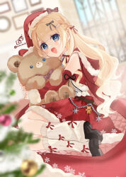 1girl :d bare_shoulders black_shoes blonde_hair blue_eyes blurry blurry_background blurry_foreground bow braid brown_bow christmas christmas_tree commentary_request depth_of_field detached_sleeves fur-trimmed_headwear fur-trimmed_hood fur-trimmed_skirt fur-trimmed_sleeves fur_trim grey_bow hair_bow hair_ornament hairclip hat highres hood hood_down hugging_object indoors long_hair long_sleeves looking_at_viewer loose_socks open_mouth original plaid_bow red_hat red_skirt red_sleeves rino_cnc santa_hat shirt shoe_soles shoes skirt sleeves_past_wrists smile socks solo stuffed_animal stuffed_toy teddy_bear twitter_username very_long_hair white_shirt white_socks