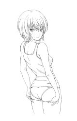 1girl amagami ass ass_support bare_arms bare_shoulders breasts commentary cowboy_shot from_behind greyscale highres kyonsam321go lineart looking_at_viewer looking_back monochrome nanasaki_ai panties shirt short_hair shoulder_blades simple_background sleeveless sleeveless_shirt small_breasts solo underwear white_background