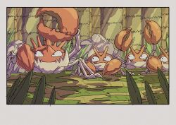 animal_focus creatures_(company) day following full_body game_freak gen_1_pokemon grass highres kingler krabby looking_at_viewer nintendo no_humans on_ground onamuzi_illust pokemon pokemon_(creature) pokemon_focus rock shadow tree
