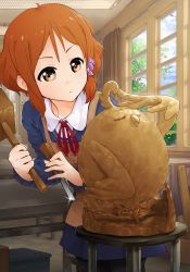 1girl brown_eyes brown_hair concentrating day dera_mochimazzui female_focus hammer indoors makino_kanna orz_(orz57) sculpting sculpture solo stool table tamako_market window wood workshop worktool