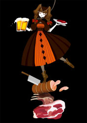 1girl alcohol barmaid beef beef_ribs beer beer_mug black_background boots bow braid brown_dress buranko_(marchen) cleaver closed_eyes corset cup dancing dress female_focus food hair_bow hair_ornament ham holding holding_beer holding_cup holding_tray lace-up_boots maerchen_(sound_horizon) meat mug no_lineart nona_drops open_mouth original pantyhose plate red_bow rope_around_neck simple_background sliced_meat solo sound_horizon striped_clothes striped_legwear striped_pantyhose surreal tray twin_braids vertical-striped_clothes vertical-striped_legwear vertical-striped_pantyhose