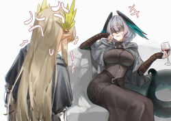 2girls absurdres alternate_costume anger_vein arknights belt black_belt black_capelet black_dress blonde_hair breasts capelet cosplay covered_eyes covered_navel cup dark_souls_(series) dark_souls_iii dress elf eye_mask fangs feathered_wings film_grain fire_keeper fire_keeper_(cosplay) grey_capelet grey_hair head_wings highres ho&#039;olheyak_(arknights) holding holding_cup jewelry long_hair long_tail looking_at_another mask medium_hair muelsyse_(arknights) multiple_girls necklace parted_lips pointy_ears simple_background sitting snake_tail speech_bubble tail textless_version uof white_background wings