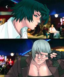 1boy 1girl black_gloves black_hair blue_eyes coat dancing dante_(devil_may_cry) derivative_work devil_may_cry devil_may_cry_(series) devil_may_cry_3 fingerless_gloves gloves green_eyes highres jewelry jumpoon lady_(devil_may_cry) necklace no_shirt pulp_fiction red_coat scar scar_on_face scar_on_nose screenshot_background white_hair