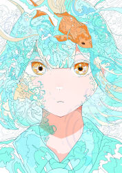 1girl absurdres aqua_hair fish goldfish hato_(n_hat_mu) highres looking_at_viewer medium_hair orange_eyes original portrait ripples solo straight-on water waves