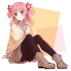 1girl alternate_costume blush bow closed_mouth hair_bow hair_ribbon highres kaname_madoka looking_at_viewer mahou_shoujo_madoka_magica non-web_source on_floor pink_eyes pink_hair ribbon simple_background smile solo sukuya_(suxuya) twintails