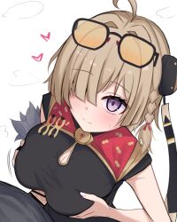 1boy 1girl absurdres acht_ao ahoge bar_censor black_dress breasts brown_hair censored china_dress chinese_clothes dress eyewear_on_head grabbing_own_breast hair_over_one_eye heart hetero highres large_breasts looking_up paid_reward_available paizuri paizuri_under_clothes penis purple_eyes simple_background sleeveless sleeveless_dress smile sweety_(zenless_zone_zero) tinted_eyewear white_background yellow-tinted_eyewear zenless_zone_zero