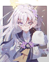 1girl angel_wings azusa_(blue_archive) blue_archive blue_sailor_collar blue_skirt brown_background hair_between_eyes halo highres necktie purple_eyes sailor_collar school_uniform shirt skirt solo two-tone_background user_fmpn8838 white_background white_hair white_shirt white_wings wings yellow_halo yellow_necktie