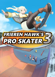 2boys 3girls absurdres ago_(owenanaken) black_pantyhose blue_sky boots brown_footwear capelet clear_sky commentary contemporary cover derivative_work elf english_commentary fake_cover fern_(sousou_no_frieren) floating_hair frieren full_body gold_trim green_eyes halfpipe highres holding holding_skateboard long_sleeves looking_at_viewer multiple_boys multiple_girls outdoors pantyhose parody parted_bangs pointy_ears sein_(sousou_no_frieren) serie_(sousou_no_frieren) skateboard skirt sky sleeve_cuffs solo_focus sousou_no_frieren stark_(sousou_no_frieren) tony_hawk&#039;s_pro_skater traffic_cone twintails video_game_cover video_game_cover_redraw white_capelet white_hair white_skirt