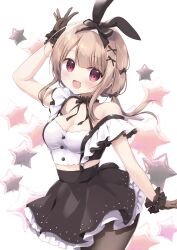 1girl :d animal_ears arm_up bare_shoulders black_bow black_gloves black_pantyhose black_skirt bow breasts brown_hair cleavage commentary_request fake_animal_ears gloves hair_bow highres long_hair looking_at_viewer low_twintails medium_breasts miyasaka_naco open_mouth original pantyhose rabbit_ears red_eyes shirt simple_background skirt smile solo star_balloon twintails very_long_hair white_background white_shirt