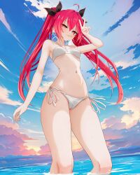 1girl absurdres ahoge bicio bikini black_ribbon blue_sky candy cloud commentary commission date_a_live english_commentary food hair_ribbon highres itsuka_kotori legs lollipop looking_at_viewer navel ocean outdoors red_hair ribbon sky solo stomach swimsuit third-party_source twintails v