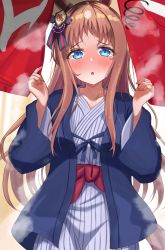 1girl after_bathing animal_ears bath_yukata blue_eyes blush brown_hair commentary_request crouching_start dizzy grass_wonder_(umamusume) hands_up highres horse_ears horse_girl horse_tail japanese_clothes kimono long_hair long_sleeves looking_at_viewer open_mouth raised_eyebrows sash solo steam tail umamusume wet yukata