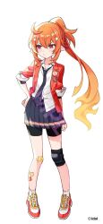 1girl ahoge alternate_costume bandaid bandaid_on_knee bandaid_on_leg black_necktie black_shorts black_skirt chain chromashift collared_shirt commentary_request company_name copyright_name copyright_notice enya_ignis fiery_hair full_body hand_on_own_hip hands_up highres jacket jose_(unknownshuriken) knee_pads long_hair long_sleeves looking_to_the_side necktie official_art open_clothes open_jacket orange_hair orange_shoes pleated_skirt pointy_ears ponytail purple_necktie red_eyes red_jacket safety_pin sample_watermark school_uniform shirt shirt_partially_tucked_in shoes shorts shorts_under_skirt simple_background skirt sleeves_rolled_up sneakers socks solo standing two-tone_necktie virtual_youtuber w watermark white_background white_shirt white_socks