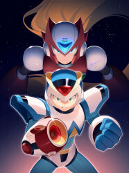2boys absurdres arm_cannon armor blonde_hair blue_helmet buzzsaw_(6631455) clenched_hand clenched_teeth cowboy_shot first_armor_x_(mega_man) forehead_jewel green_eyes helmet highres long_hair male_focus mega_man_(series) mega_man_x1 mega_man_x_(series) multiple_boys red_armor sky standing star_(sky) starry_sky straight-on tears teeth weapon white_armor white_helmet x_(mega_man) zero_(mega_man)