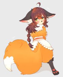 1girl ahoge animal_ear_fluff animal_ears animal_feet animal_nose ass black_fur blush braid brown_hair closed_mouth dot_mouth ears_down flying_sweatdrops fox_ears fox_girl fox_tail from_behind full_body furry furry_female green_eyes grey_background highres long_hair looking_at_viewer looking_back multicolored_fur neck_fur orange_fur original pawpads simple_background single_braid sitting solo tail toconikky white_fur