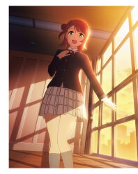 1girl :d artbook backlighting black_jacket blazer blunt_bangs braid braided_bun collared_shirt hair_bun hair_ornament hairclip hand_on_own_chest highres indoors jacket kneehighs long_sleeves looking_at_viewer love_live! love_live!_nijigasaki_high_school_idol_club medium_hair neck_ribbon nijigasaki_school_uniform non-web_source official_art open_mouth pink_hair plaid_clothes plaid_skirt pleated_skirt red_ribbon ribbon school_uniform shirt single_hair_bun single_side_bun skirt smile socks solo sunset swept_bangs uehara_ayumu white_shirt white_skirt window winter_uniform yellow_eyes yokota_takumi