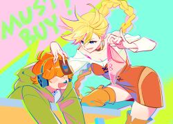 1boy 1girl absurdres banknote blonde_hair blue_eyes blush_stickers boots braid braided_ponytail breasts brief_(psg) bright_pupils brown_boots colorful_background commentary covered_eyes dechel dress earrings english_commentary english_text freckles green_hoodie hair_between_eyes hair_over_eyes hand_on_another&#039;s_head headphones highres holding holding_money holding_panties holding_underwear holding_unworn_clothes hood hoodie jewelry long_hair long_sleeves looking_at_another medium_breasts money off-shoulder_dress off_shoulder open_mouth orange_dress orange_hair panties panty_&amp;_stocking_with_garterbelt panty_(psg) pink_panties pinky_out smile thigh_boots underwear unworn_panties very_long_fingernails very_long_hair white_pupils