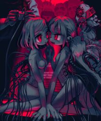 Rule 34 | 2girls, android, bad id, bad pixiv id, breasts, cable, controller, english text, head-mounted display, highres, holding, holding controller, holding hands, kneeling, limited palette, long hair, looking at another, mechabare, mechanical spine, medium breasts, multiple girls, nipples, nude, open mouth, original, people, red eyes, short hair, smile, standing, yu (stdio nameraka), yuri