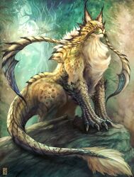 Rule 34 | absurdres, animal focus, bird, blank eyes, cat, closed mouth, coeurl (final fantasy), final fantasy, fur-tipped tail, highres, leopard, monster, monster focus, no humans, outdoors, rock, scales, solo, tree, uchi vs the world, watermark, whiskers, white eyes