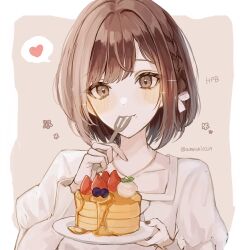 1girl :3 ameshi0227 black_nails blueberry blush bob_cut border bow braid brown_background brown_eyes brown_hair closed_mouth collarbone commentary_request eating food fork fruit hair_bow hands_up happy_birthday heart highres holding holding_fork holding_plate jewelry juliet_sleeves leaf long_sleeves looking_at_food nail_polish necklace outside_border pancake pancake_stack plate project_sekai puffy_sleeves shinonome_ena shirt short_hair simple_background single_braid solo sparkle spoken_heart strawberry swept_bangs syrup twitter_username upper_body white_border white_bow white_shirt