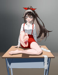 Rule 34 | 1girl, absurdres, barefoot, blush, brown hair, desk, feet, foot worship, fu nan lao bai he naicha, grey eyes, hairband, highres, licking foot, long hair, open mouth, ponytail, ruirui (taozhu tongshu), school desk, socks, soles, taozhu tongshu, toes, tongue, unworn socks, white socks