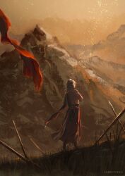 1boy absurdres arm_tattoo armlet artist_name back_tattoo black_coat blonde_hair cape coat ferretzoid from_behind highres honkai:_star_rail honkai_(series) jewelry landscape looking_afar male_focus mountain mydei_(honkai:_star_rail) open_clothes open_coat planted planted_spear polearm red_cape red_tattoo side_cape solo spear standing tattoo waist_cape weapon