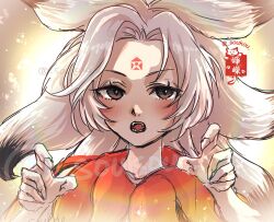 Rule 34 | 1girl, blush, brown eyes, claw pose, commentary request, fingernails, forehead tattoo, houjuu chimi, long hair, looking at viewer, open mouth, orange shirt, parted bangs, shirt, solo, soukou (artist), teeth, touhou, upper body, white hair, yellow background