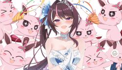 Rule 34 | 1girl, :d, absurdres, asymmetrical sidelocks, azki (dress) (hololive), azki (hololive), bare shoulders, black hair, blue bow, blush, bow, breasts, choker, choumei (qca012005), cleavage, collarbone, colored inner hair, commentary request, confetti, dress, frilled choker, frilled gloves, frills, gloves, hair bow, hair intakes, highres, hololive, large breasts, long hair, looking at viewer, mole, mole under eye, multicolored hair, official alternate costume, official alternate hairstyle, open mouth, own hands together, party popper, pink hair, pioneer (azki), purple eyes, side ponytail, simple background, sleeveless, sleeveless dress, smile, solo, straight-on, strapless, strapless dress, streaked hair, swept bangs, tiara, tilted headwear, virtual youtuber, white background, white bow, white choker, white dress, white gloves, white hair