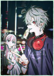 Rule 34 | 1boy, 1girl, absurdres, alternate costume, bag, black choker, border, bracelet, choker, clothes writing, dress, ear piercing, earrings, fingernails, grey hair, hairband, hasu, headphones, headphones around neck, highres, jewelry, kuzuha (nijisanji), long hair, looking at viewer, makaino ririmu, mole, mole under eye, multicolored hair, nail polish, nijisanji, one eye closed, piercing, pink eyes, pink hair, pointy ears, puffy short sleeves, puffy sleeves, purple shirt, red eyes, red nails, ring, sharp fingernails, shirt, short hair, short sleeves, shoulder bag, streaked hair, teeth, upper body, v, virtual youtuber, white border, white dress, white hairband, yakult