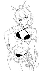 Rule 34 | 1girl, agnes tachyon (lunatic lab) (umamusume), agnes tachyon (umamusume), ahoge, animal ears, belt, bikini, bikini under clothes, bracelet, breasts, cleavage, closed mouth, cowboy shot, criss-cross halter, flask, gloves, hair between eyes, halterneck, hand on own hip, horse ears, jacket, jewelry, looking at viewer, midriff, navel, round-bottom flask, short hair, short shorts, short sleeves, shorts, single glove, small breasts, smile, solo, standing, swimsuit, thigh strap, tied jacket, torn clothes, torn shorts, umamusume, zn242878163