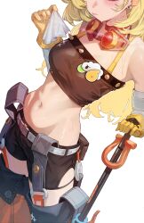 1girl absurdres black_shorts blonde_hair blush breasts chromatic_aberration closed_mouth commentary cowboy_shot crop_top earrings gloves highres jaihu jewelry loli long_hair medium_breasts navel piper_wheel revision shorts simple_background solo standing stomach sweatdrop white_background yellow_gloves zenless_zone_zero