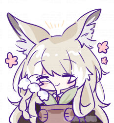 1girl 1n4b4_u3 animal_ear_fluff animal_ears arknights artist_name brown_gloves chibi closed_eyes closed_mouth commentary_request facial_scar flower flower_pot fox_ears fox_girl gloves holding holding_flower_pot lily_of_the_valley long_hair scar scar_on_cheek scar_on_face smile solo vulpisfoglia_(arknights) watermark