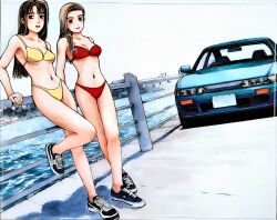 2girls absurdres arm_support bikini bra breasts brown_eyes brown_hair car casual cityscape cleavage converse crossed_legs day dutch_angle female_focus fence hair_over_shoulder highres initial_d jewelry large_breasts leaning_back leg_lift legs lips long_hair looking_at_viewer medium_breasts motor_vehicle multiple_girls no_socks outdoors parted_bangs railing red_bikini right-hand_drive ring satou_mako sayuki sayuki_(initial_d) shadow shigeno_shuuichi shoes side_slit sil-eighty sky sneakers standing standing_on_one_leg star_(symbol) star_print swept_bangs swimsuit third-party_edit underwear water wavy_hair yellow_bikini