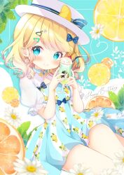 1girl blonde_hair blue_eyes blush bow breasts child closed_mouth cup dress flower food frills fruit fukaya_rin glass gochuumon_wa_usagi_desu_ka? hair_bow hat highres holding holding_cup kirima_syaro looking_at_viewer orange_(fruit) short_hair short_sleeves smile solo