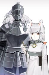 1boy 1girl absurdres animal_ears armor asdf1211950 black_souls black_souls_2 book bow breasts cape cowboy_shot dress full_armor gauntlets grimm_(black_souls) hair_bow helmet highres holding holding_pocket_watch long_hair looking_at_viewer medium_breasts node_(black_souls) pauldrons pink_bow pocket_watch rabbit_ears shoulder_armor simple_background watch white_background white_cape white_dress white_hair