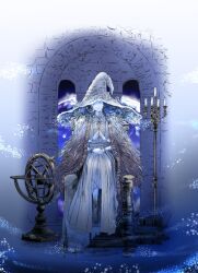 1girl blue_eyes blue_hair blue_skin brown_cloak chair cloak colored_skin commentary_request cracked_skin dress elden_ring extra_arms extra_faces fur_cloak fur_trim hat head_tilt kyoshi_takigawa large_hat long_hair one_eye_closed own_hands_together ranni_the_witch sitting solo white_dress white_hat window witch witch_hat