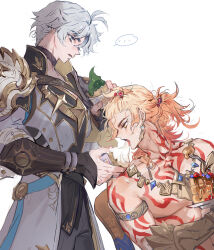 ... 2boys antenna_hair arm_tattoo armlet armor black_choker black_pants black_shirt blonde_hair blue_eyes braid chest_tattoo choker clawed_gauntlets coat facial_tattoo feeding food gold_necklace gradient_hair hair_between_eyes highres holding holding_food holding_ice_cream holding_plate honkai:_star_rail honkai_(series) ice_cream jewelry male_focus medium_hair multicolored_hair multiple_boys mydei_(honkai:_star_rail) necklace pancake pancake_stack pants pauldrons phainon_(honkai:_star_rail) plate ponytail qel red_hair red_tattoo shirt short_hair shoulder_armor side_braid simple_background single_pauldron spoken_ellipsis sweat tattoo topless_male white_background white_coat white_hair yaoi yellow_eyes