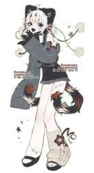 Rule 34 | 1girl, animal hat, black dress, cat girl, cat tail, claws, commentary, commission, cropped sweater, dress, english commentary, fang, full body, grey eyes, grey sweater, hand up, hat, highres, looking at viewer, multiple tails, nekomata, off-shoulder sweater, off shoulder, open mouth, original, senmaze, short hair, short twintails, simple background, single leg warmer, solo, stitched leg, stitches, sweater, tail, twintails, white background, white hair