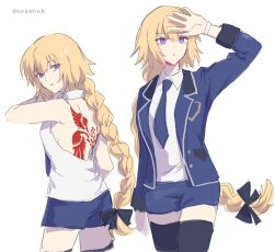 1girl arm_up back_tattoo backless_outfit black_thighhighs blonde_hair blue_jacket blue_shorts bow braid breasts collarbone collared_shirt commentary_request cowboy_shot cropped_legs fate/apocrypha fate/grand_order fate_(series) hair_bow hair_ribbon highres jacket jeanne_d&#039;arc_(fate) jeanne_d&#039;arc_(ruler)_(fate) large_breasts long_braid long_hair looking_at_another nekwnek open_clothes open_jacket purple_eyes ribbon shirt short_shorts shorts sideboob single_braid tattoo thighhighs thighs twitter_username white_shirt