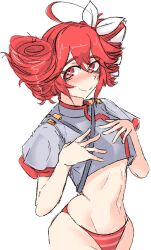 Rule 34 | 1girl, :d, ahoge, blush, closed mouth, commentary, drill hair, flat chest, grey tank top, groin, hands on own chest, highres, kasane teto, looking at viewer, manny mcmannington, messy hair, midriff, navel, open mouth, panties, red eyes, red hair, red panties, simple background, smile, solo, striped clothes, striped panties, tank top, twin drills, underwear, utau, variant set, white background