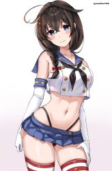 Rule 34 | 1girl, ahoge, black hair, black hairband, black neckerchief, black panties, blue eyes, blue sailor collar, blue skirt, braid, cosplay, crop top, elbow gloves, gloves, hair flaps, hair over shoulder, hairband, highleg, highleg panties, highres, kantai collection, long hair, microskirt, miniskirt, mizuki (uzuki no sato), neckerchief, panties, pleated skirt, sailor collar, shigure (kancolle), shigure kai san (kancolle), shimakaze (kancolle), shimakaze (kancolle) (cosplay), shirt, simple background, single braid, skirt, sleeveless, sleeveless shirt, solo, striped clothes, striped thighhighs, thighhighs, twitter username, underwear, white background, white gloves