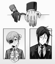 2boys absurdres age_difference bishounen black_hair blush butler ciel_phantomhive closed_mouth earrings eyepatch gloves hair_between_eyes hand_size_difference highres jewelry kuroshitsuji long_sleeves male_focus multiple_boys onii-shota ouji_fashion sebastian_michaelis shirt short_hair simple_background uneasywolf victorian white_background