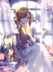 1girl asymmetrical_bangs book book_stack bookshelf breasts brown_hair brown_shirt bug butterfly cherry_blossoms closed_mouth collared_shirt curtains flower flower_pot frilled_sleeves frills hair_ribbon highres indoors insect long_hair long_skirt looking_at_viewer miyu_(miy_u1308) on_chair original plant potted_plant ribbon shirt sitting skirt solo very_long_hair white_ribbon white_skirt window wooden_chair yellow_butterfly yellow_eyes yellow_flower