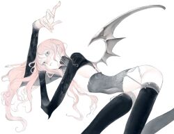 Rule 34 | 1girl, bandages, barefoot, bat wings, bed sheet, black thighhighs, breasts, corset, demon girl, garter belt, highres, long arms, long hair, long legs, lying, opood, original, pink hair, small breasts, solo, thighhighs, wavy hair, wings
