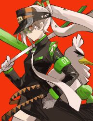 Rule 34 | 1girl, armband, bird, black dress, closed mouth, clothing cutout, commentary, cowboy shot, creatures (company), dress, expressionless, fighting miku (project voltage), floating hair, floating neckwear, food, food-themed hair ornament, from side, game freak, gen 8 pokemon, green armband, green hair, grey thighhighs, hair ornament, hand on own hip, hatsune miku, high collar, highres, holding, holding food, holding spring onion, holding vegetable, long hair, long sleeves, looking at viewer, looking to the side, multicolored hair, necktie, nintendo, orange eyes, over shoulder, pokemon, pokemon (creature), profile, project voltage, red background, ruyu (txzy22), shoulder cutout, simple background, sirfetch&#039;d, solo, spring onion, spring onion hair ornament, streaked hair, thighhighs, vegetable, visor cap, vocaloid, white hair, white necktie