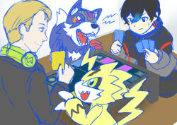 Rule 34 | absurdres, digicore interface, digimon, digimon (creature), digimon seekers, green eyes, headphones, highres, leon alexander, loogamon, nagasumi eiji, open mouth, pulsemon, sharp teeth, smile, teeth, wolf