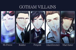 5boys absurdres animification araragi_soushi batman_(series) black_gloves black_hair black_headwear blue_eyes bow bowtie brown_eyes brown_hair cane character_name copyright_name dc_comics edward_nygma facial_hair formal_clothes glasses gloves goggles goggles_on_head gotham_(series) hat highres jerome_valeska jervis_tetch looking_at_viewer mad_hatter_(dc) male_focus mr._freeze multiple_boys mustache necktie oswald_chesterfield_cobblepot red_bow stubble suit the_joker watch white_gloves