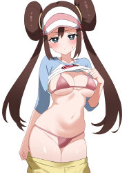 1girl absurdres bikini blush breasts bright_pupils brown_hair closed_mouth clothes_lift clothes_pull commentary_request double_bun eyelashes hair_bun hand_up highres kimidori_(gv63456) lifting_own_clothes long_hair looking_at_viewer nintendo pokemon pokemon_bw2 rosa_(pokemon) shirt shirt_lift shorts shorts_pull simple_background solo sweatdrop swimsuit three-quarter_sleeves twintails visor_cap white_background yellow_shorts