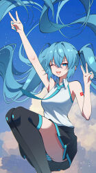 1girl absurdres aqua_eyes aqua_hair aqua_nails aqua_necktie arm_up black_skirt boots breasts double_v hair_between_eyes hair_ornament hatsune_miku highres long_hair medium_breasts miniskirt necktie one_eye_closed open_mouth panties pleated_skirt shirt skirt sleeveless sleeveless_shirt smile solo striped_clothes striped_panties thigh_boots thighs tiandingfengren twintails underwear v very_long_hair vocaloid white_shirt